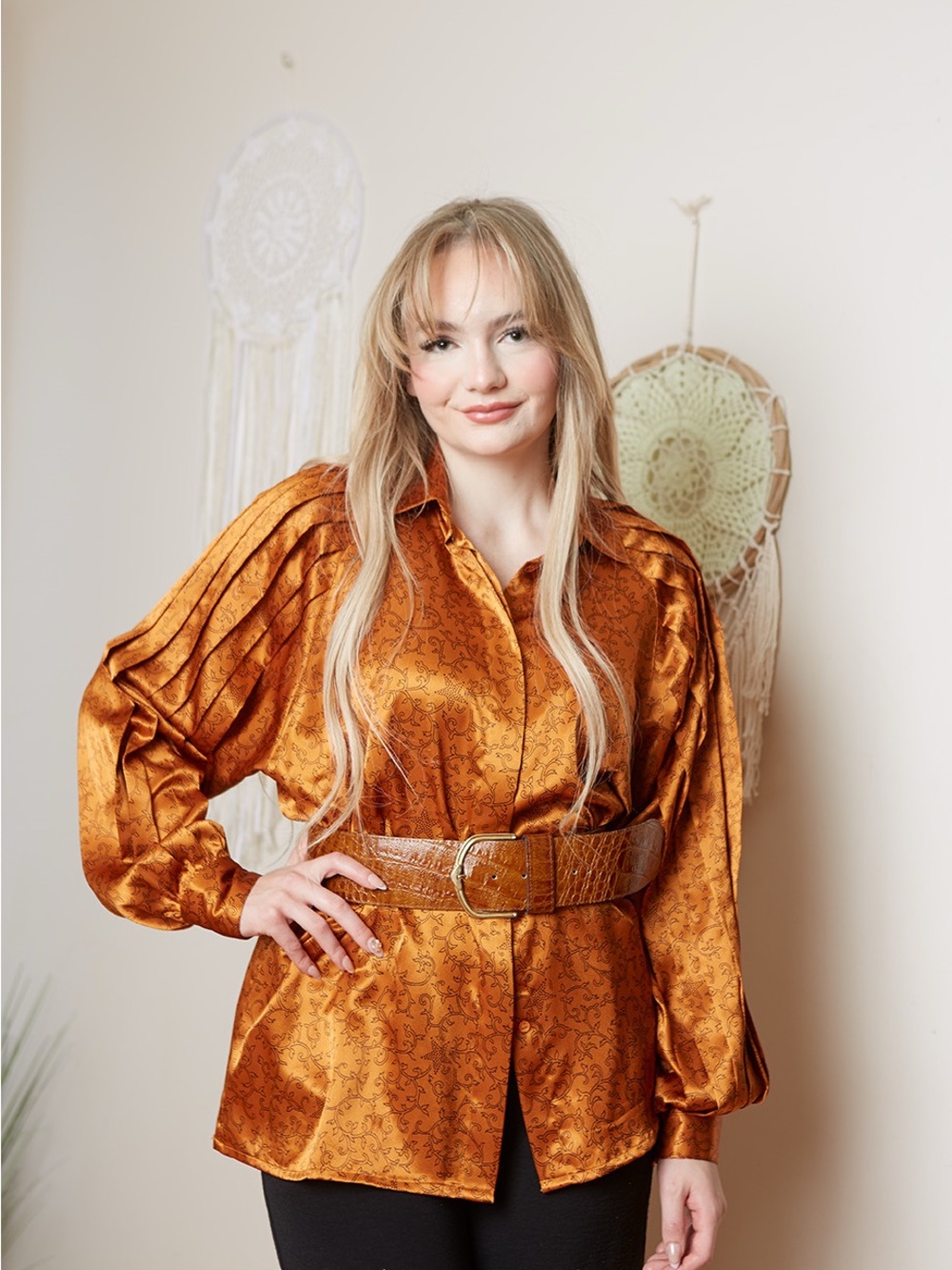 Vintage 80s Jac Dale Satin Blouse L - Picture 3 of 7